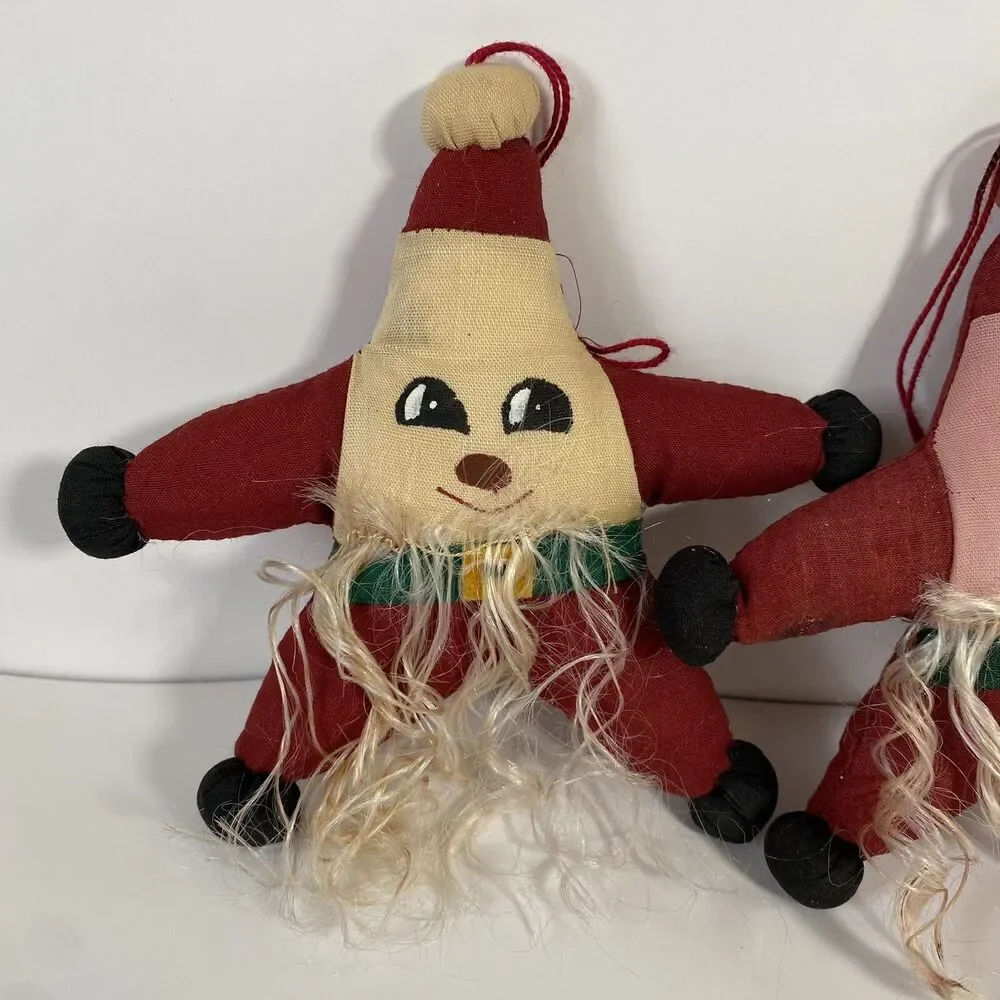 Vintage Christmas Ornaments Fabric Folk art Stuffed Bearded Star Santa Hand Made
